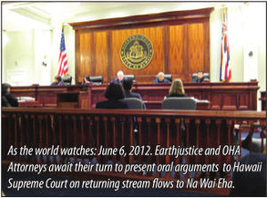 As the world watches: June 6, 2012. Earthjustice and OHA Attorneys await their turn to present oral arguments to Hawaii Supreme Court on returning stream flows to Na Wai Eha